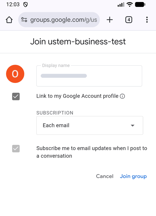 «Join ustem-business-test» oynasi: ko'rsatiladigan ism maydoni (ism yopib qo'yilgan), obuna sozlamalari va pastda o'ngda «Cancel» hamda «Join group» tugmalari.