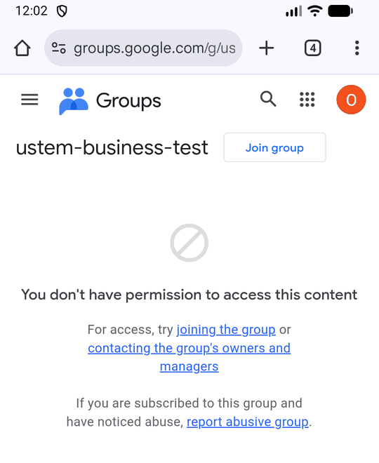 Google Groups sahifasi, guruh nomi ustem-business-test. Nomning yonida «Join group» tugmasi, ostida «You don't have permission to access this content» yozuvi.