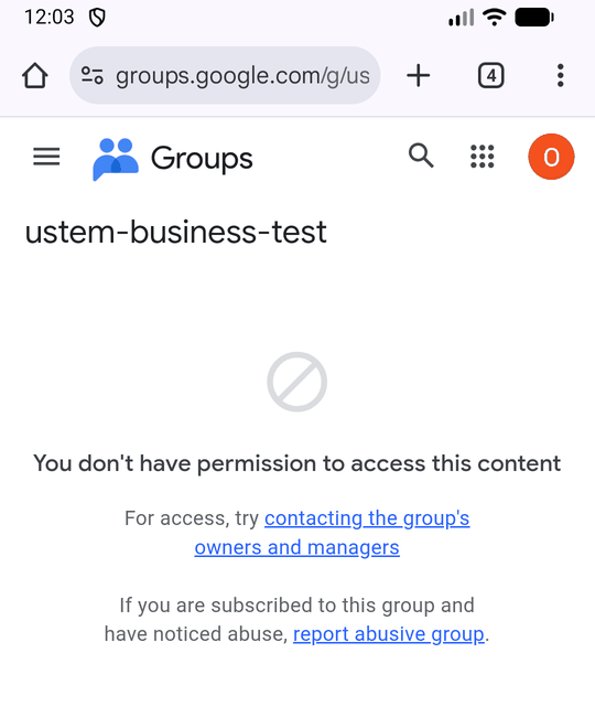 Qo'shilgandan keyingi Google Groups sahifasi: guruh nomi yonida «Join group» tugmasi endi yo'q, pastda «You don't have permission to access this content» yozuvi hali turibdi.