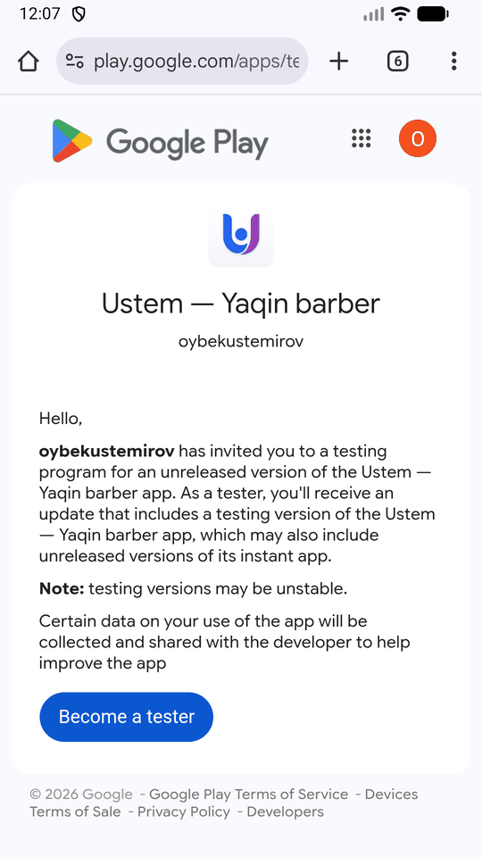 Google Play sinov dasturiga taklif sahifasi, Ustem — Yaqin barber ilovasi. Pastda ko'k «Become a tester» tugmasi.